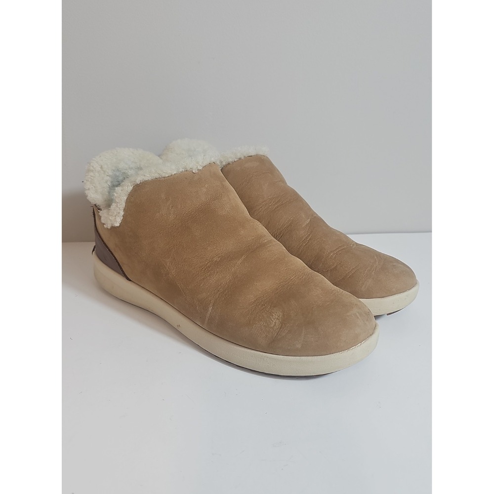 Olukai Malua Hulu Womens Size 9.5 Tan Suede Sheepskin Lined Slip On Ankle Boots